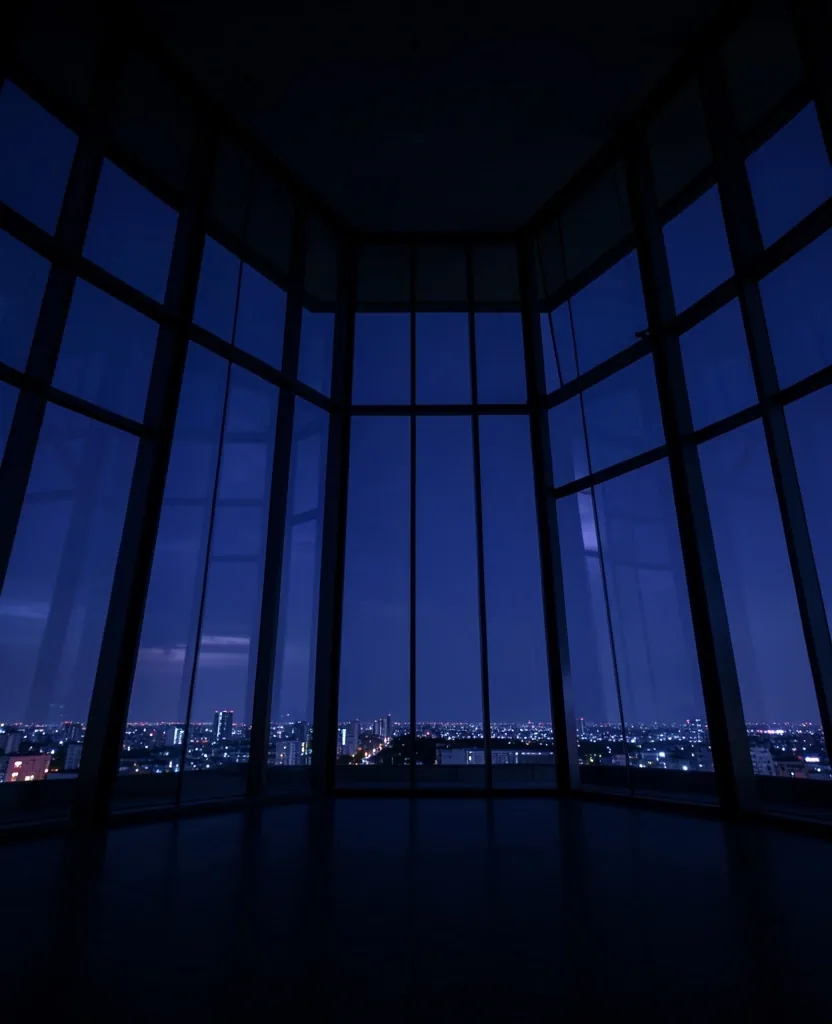 夜間の観測所のような静謐なガラス面の光景