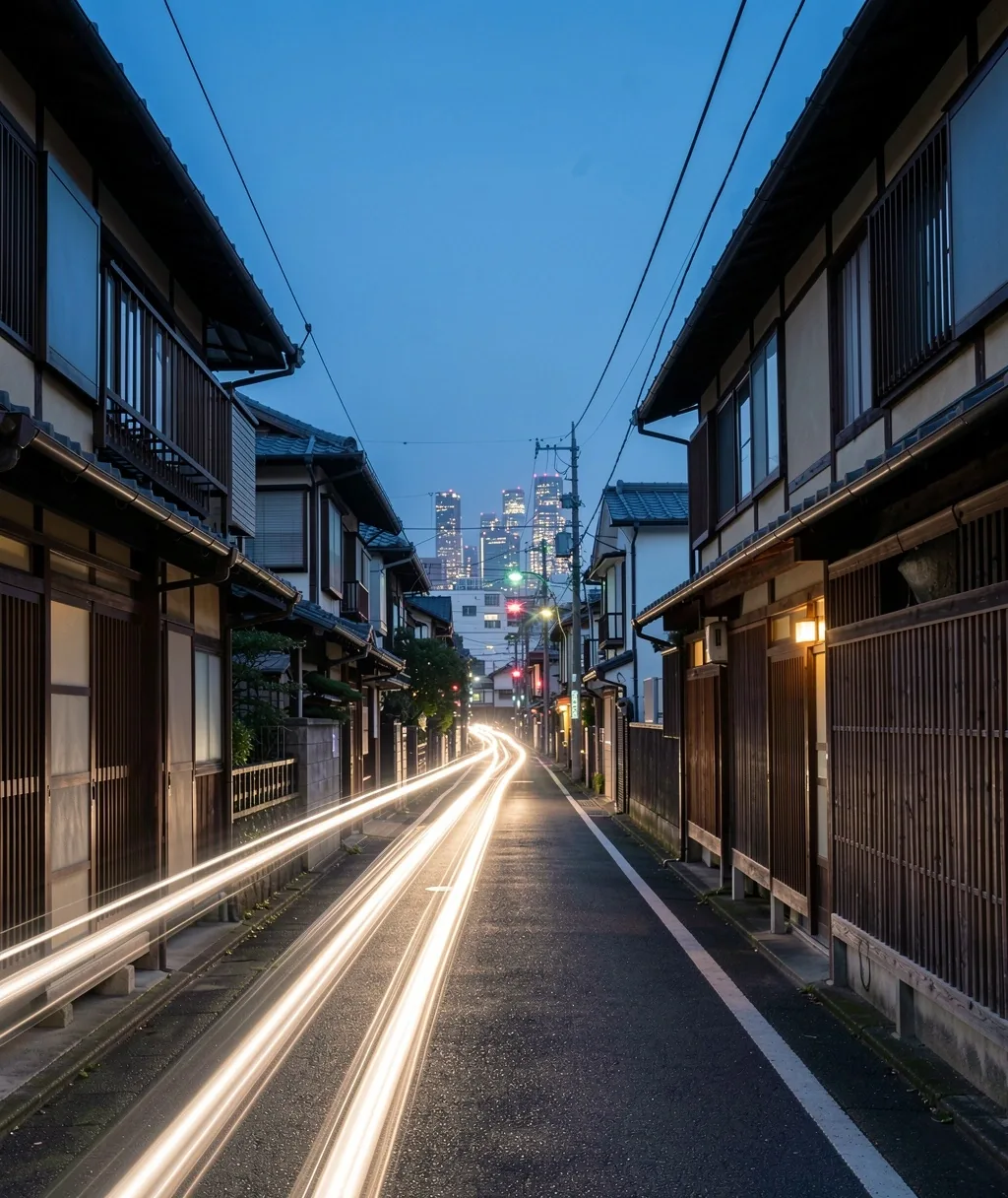 青の時間の日本の街並みと遠景の夜景