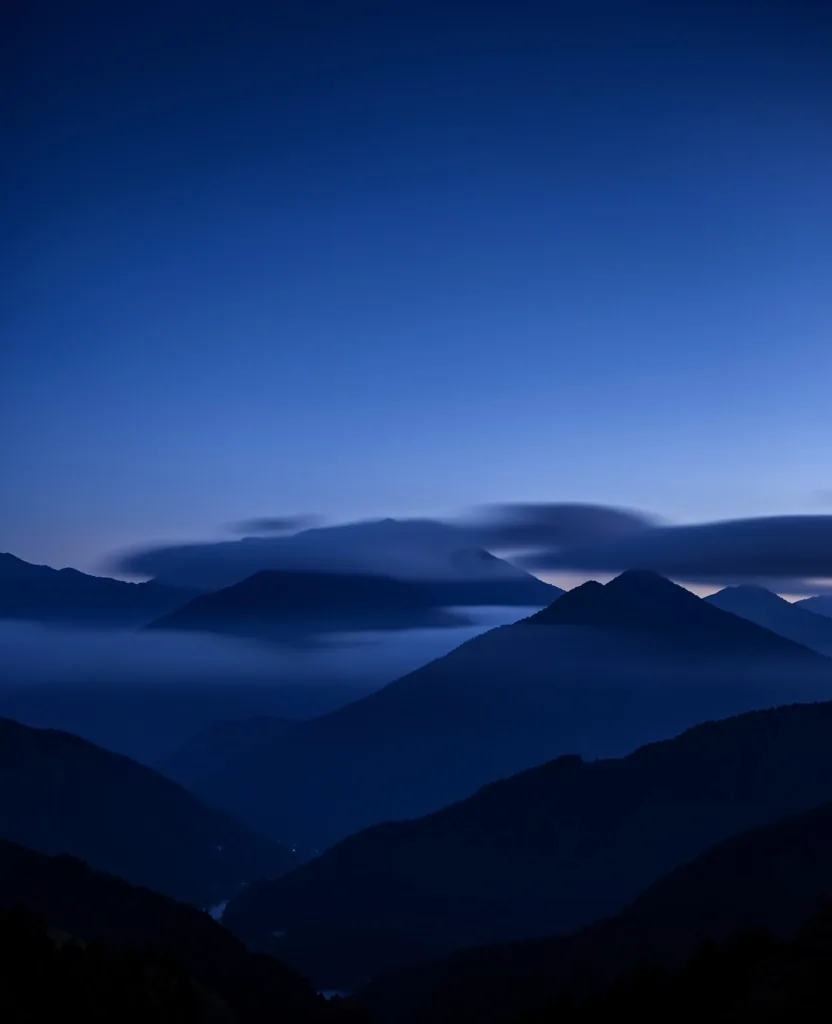 夜明け前の日本の山並みと遠景の気象 fronts