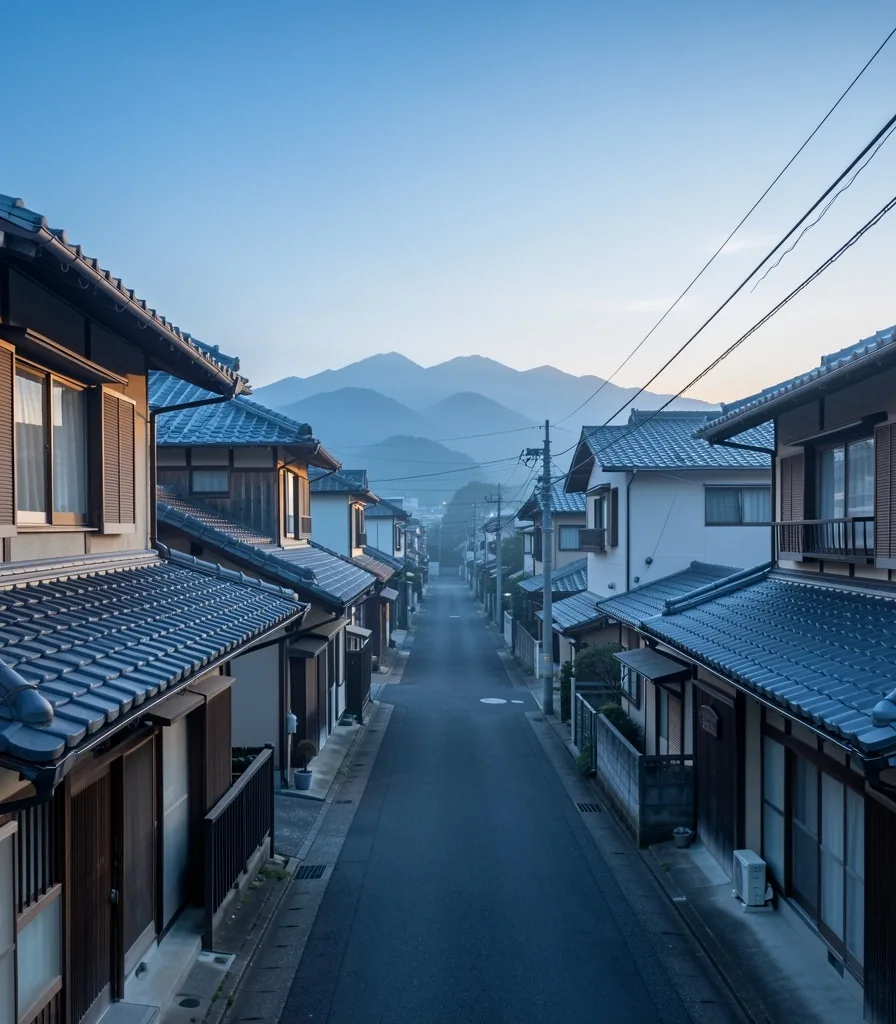 夜明け前の静かな日本の住宅街と遠景の山並み