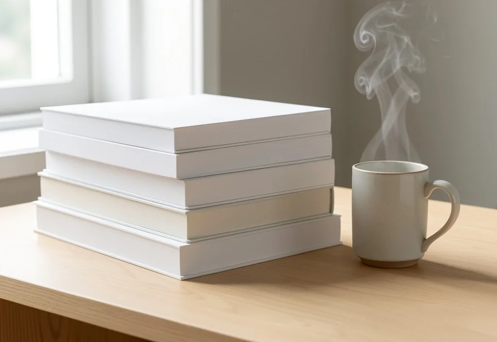 朝の柔らかな光が差し込む書斎のデスクと参考書
